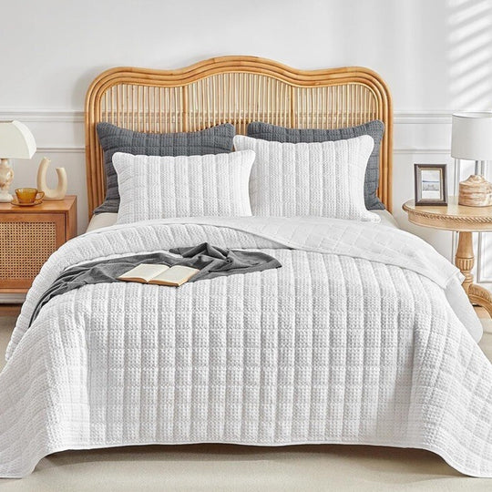 Waffle Weave Quilt Set King Size, Soft Lightweight Summer Classic Checkered