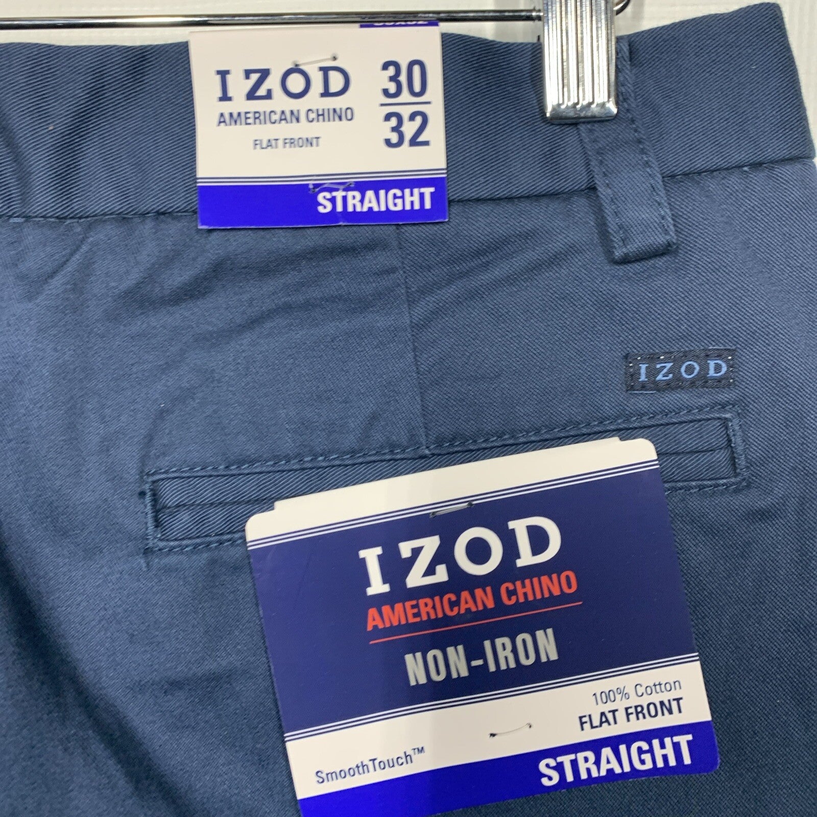 IZOD Mens Flat Front Non Iron Max Straight Fit Chino Jeans Blue 30x32 Long Pants