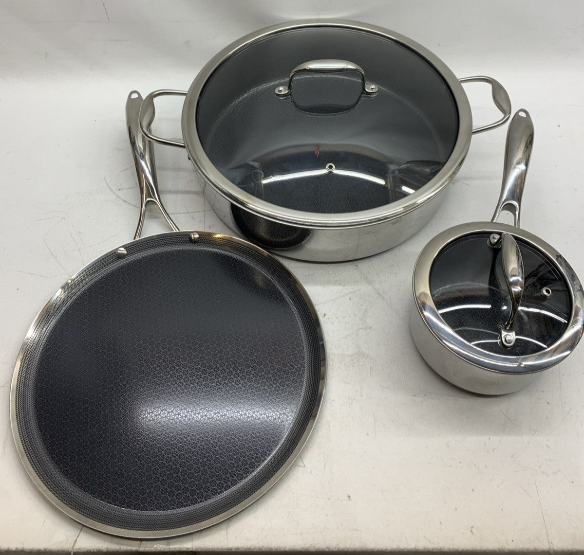 HexClad Hybrid Stainless Steel Cookware 5-Piece Set w/Cover Lid & Griddle USED