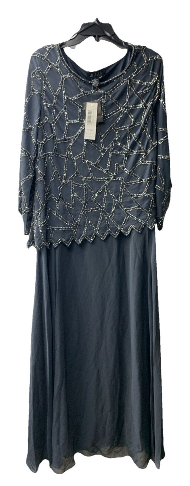 J Kara Women's 3/4 Sleeve Geo Design Long Beaded Gown, Grey/Gun Size 14W Pull On