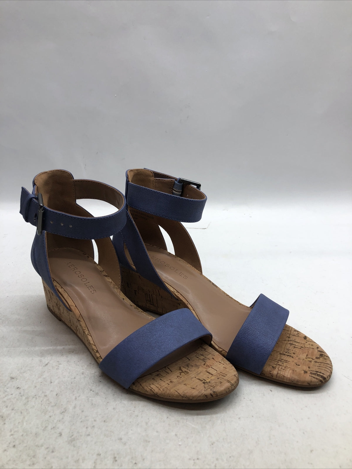Women's Aerosoles Willowbrook Ankle Strap Wedge Sandal Mid Blue Open Toe Size 6