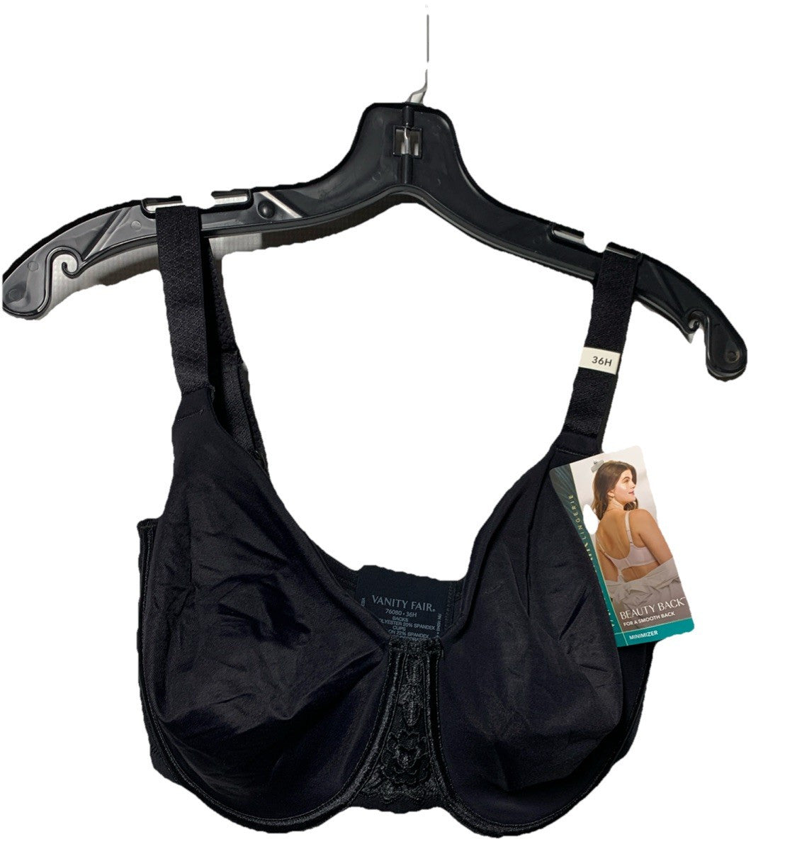 Black Vanity Fair women's minimizer underwire bra in size 36H, featuring smooth back support and contouring design.