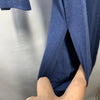 Navy blue women's A-line dress with 3/4 sleeves, loose fit, casual and formal style by The Family Flips, perfect for versatile occasions.