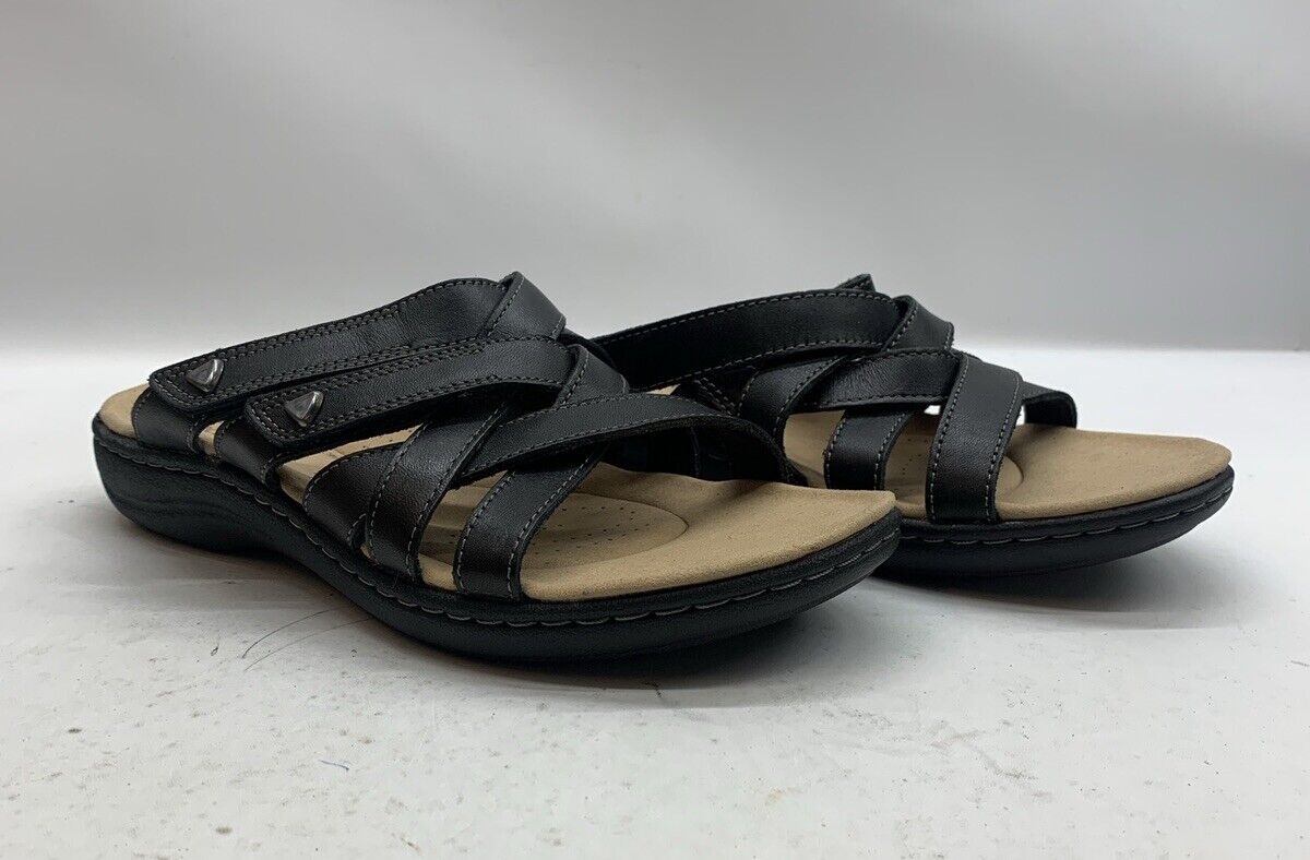Women's Clarks Laurieann Bali Sandals Black Leather Size 9 Open Toe Slip-on