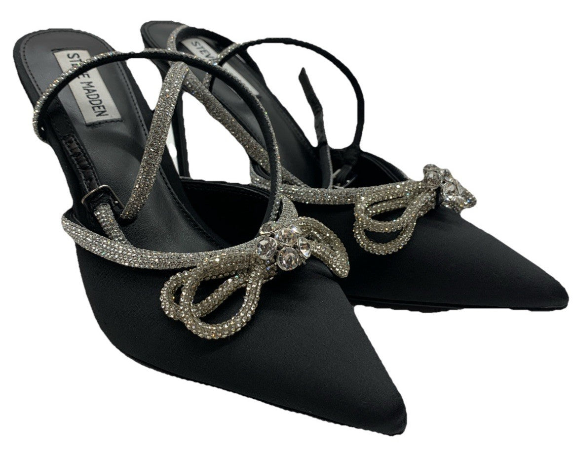 Steve Madden Viable High Stiletto Embellished Ankle Strap Size 10 Satin Black