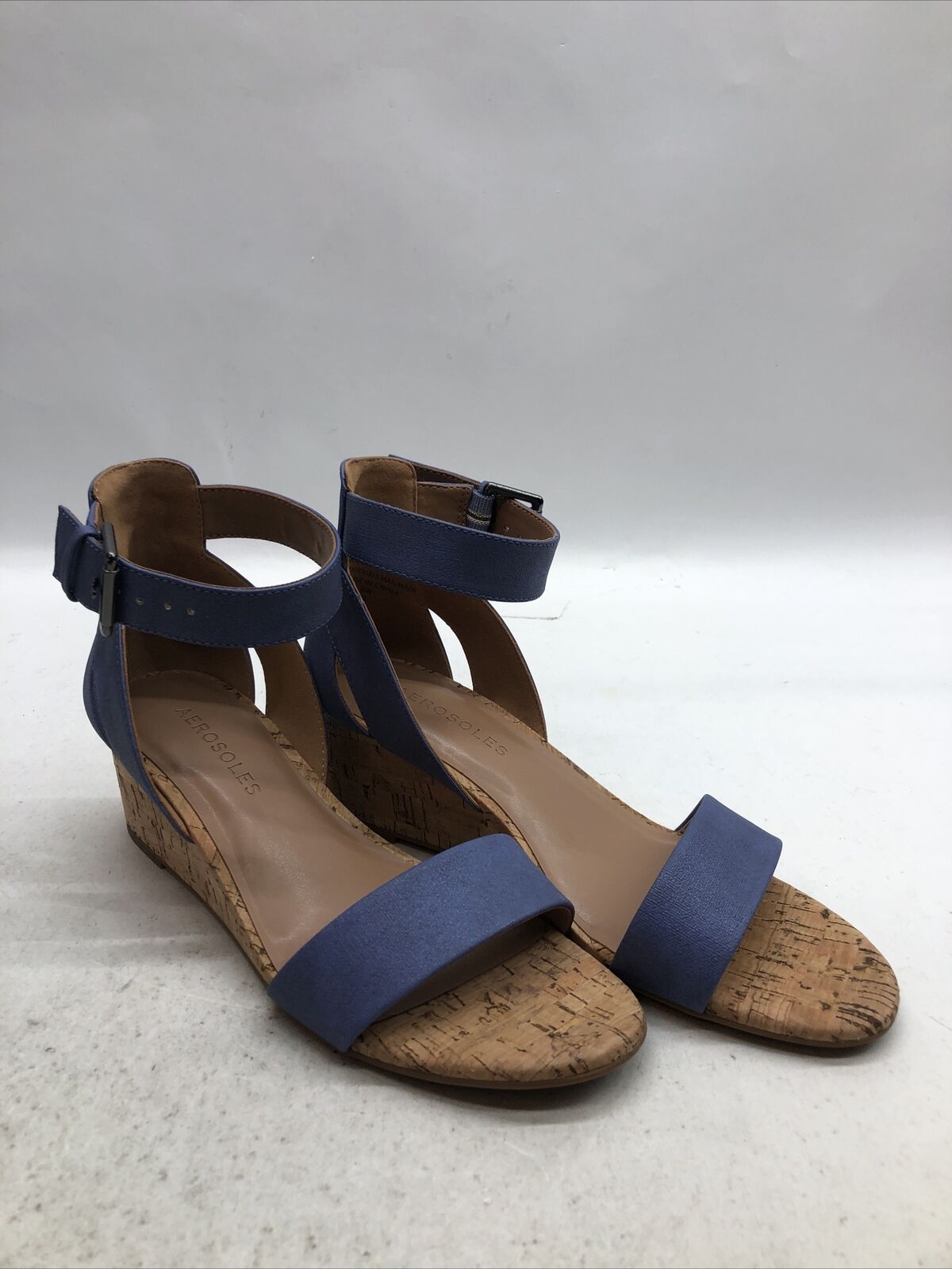 Women's Aerosoles Willowbrook Ankle Strap Wedge Sandal Mid Blue Open Toe Size 6