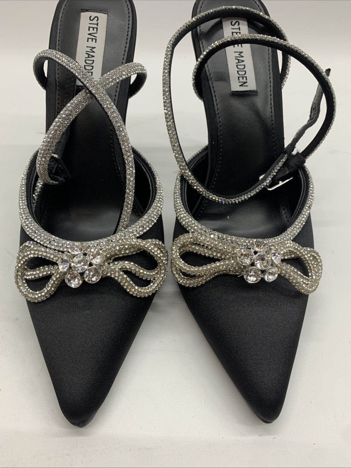 Steve Madden Viable High Stiletto Embellished Ankle Strap Size 10 Satin Black