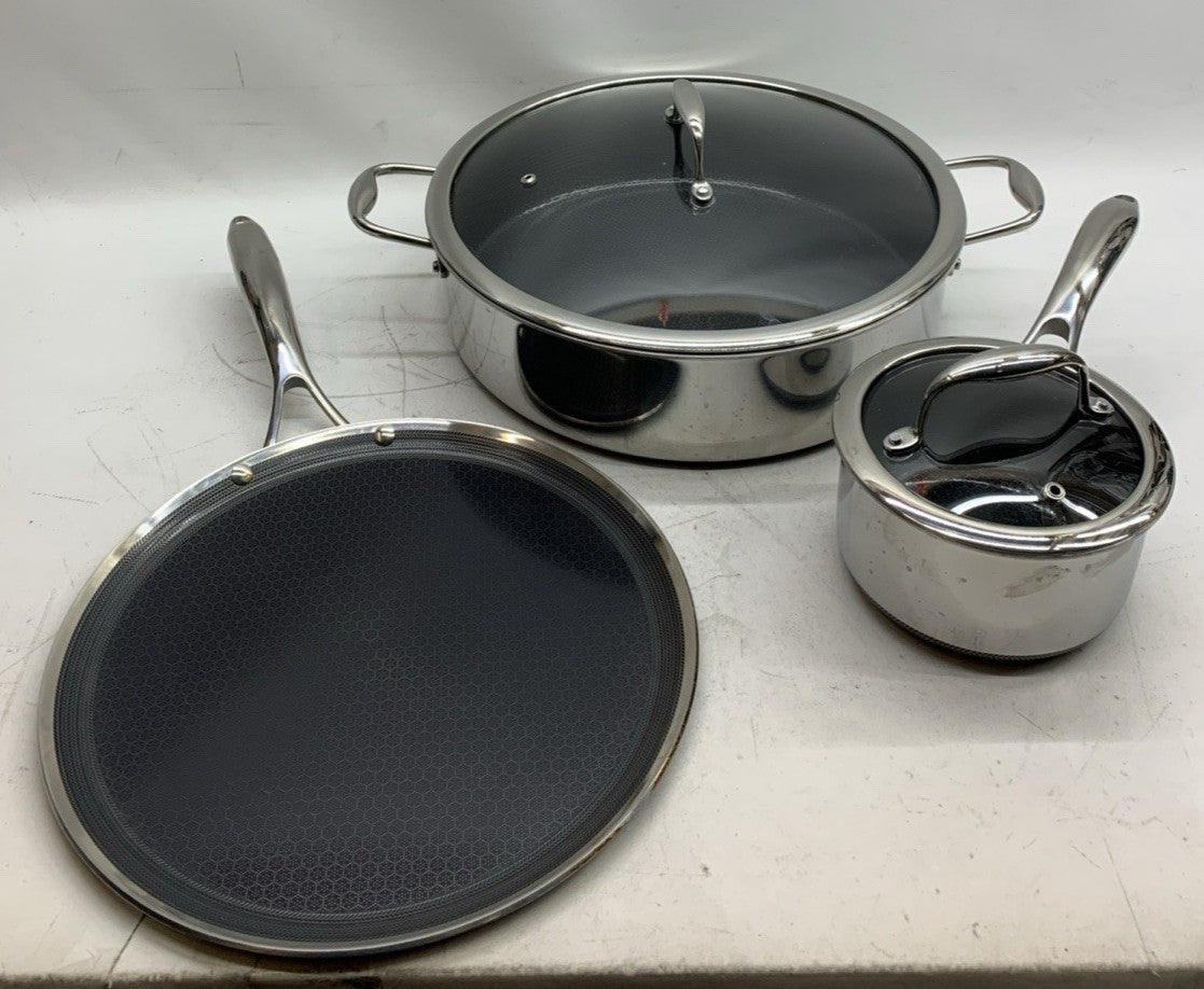 HexClad Hybrid Stainless Steel Cookware 5-Piece Set w/Griddle & Cover Lid - USED