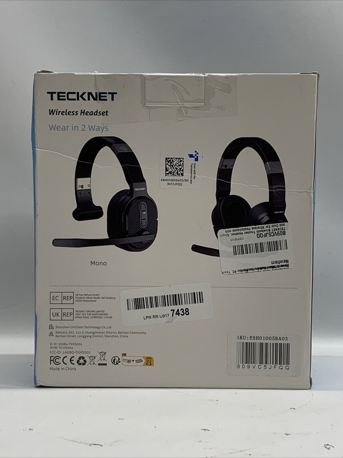 Tecknet Wireless Headset Mano & Stereo Mode Dual Mic Ergonomic Design Headphone