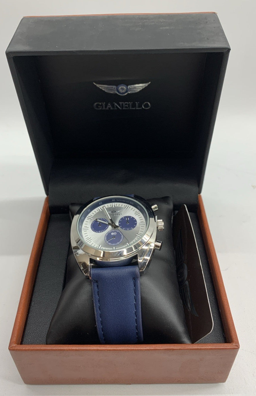 Gianello Mens GNL7731SS Tri Faux Chrono Blue Case Blue Strap Watch NEEDS BATTERY