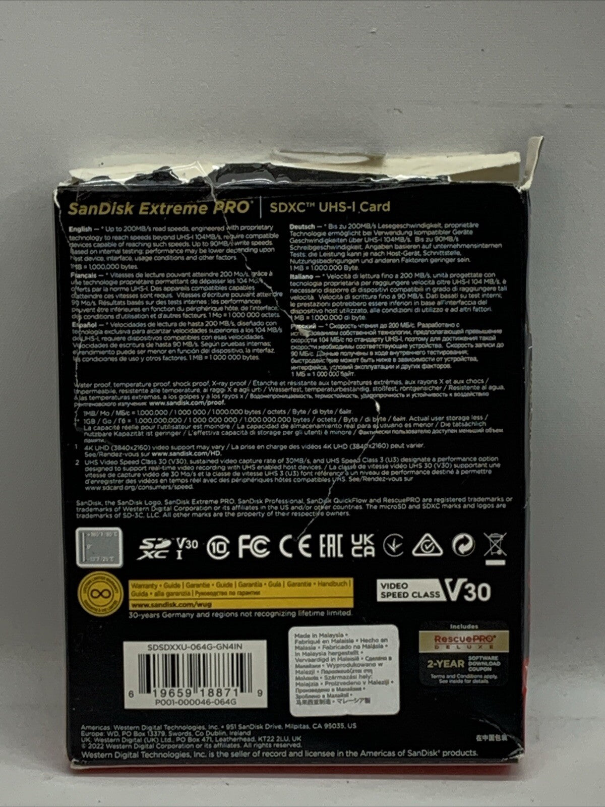 SanDisk Extreme PRO 64GB UHS-I U3 SDXC 200MB/s 4K UHD Video Memory Card SDSDXXU