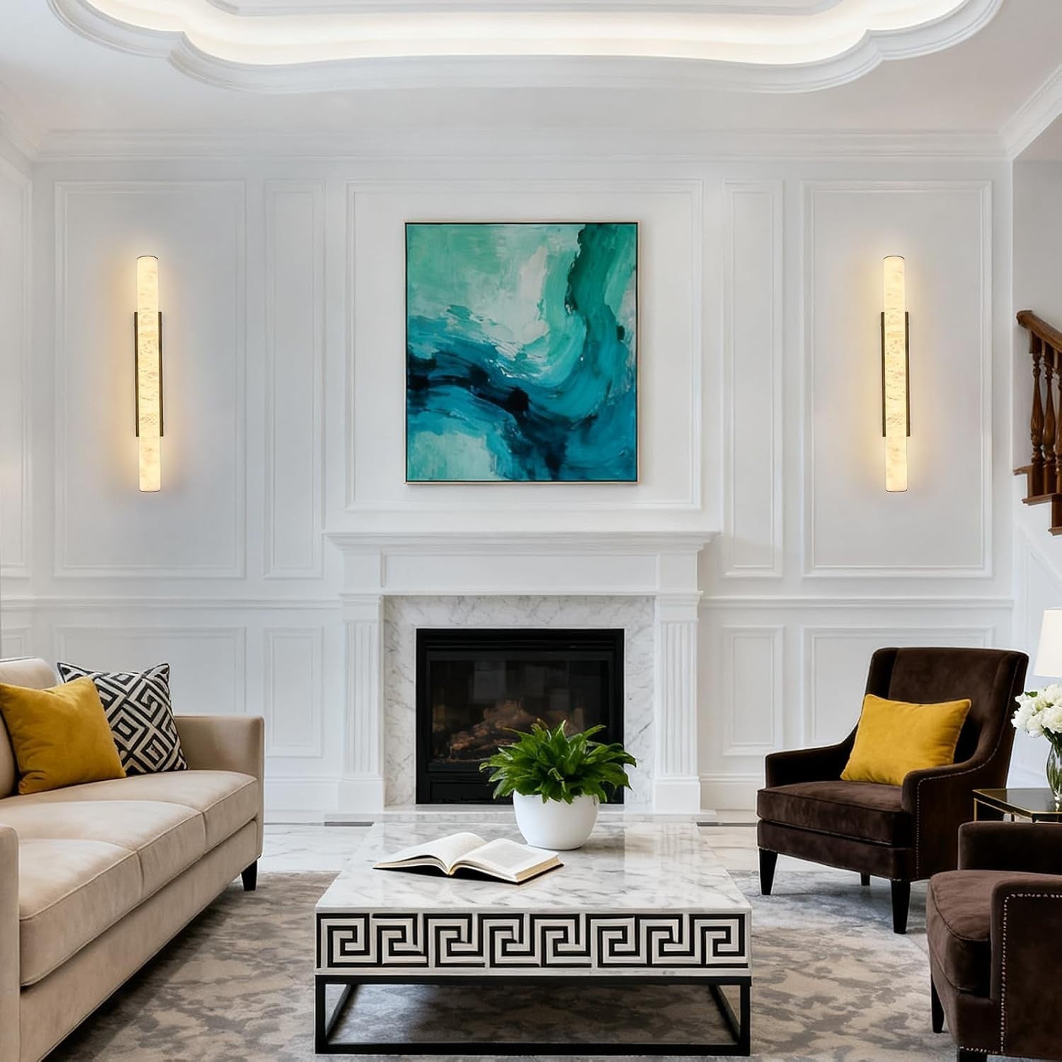 Natural Alabaster Wall Sconces Set of Two Spanish Marble Wall Light Cylinder Mod
