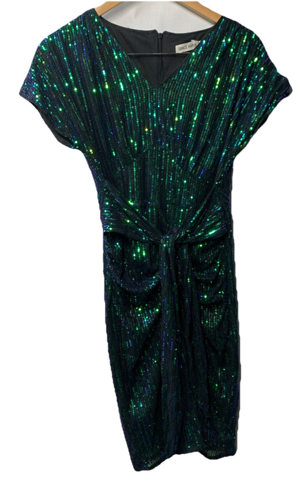 Green Grace Karin bodycon sequin party dress with cap sleeves and V-neck, designed for women, size small, stylish and elegant.