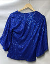 Blue sequin women's top by The Family Flips with 3/4 sleeves, sparkly shimmer, and size S, styled for women’s clothing.