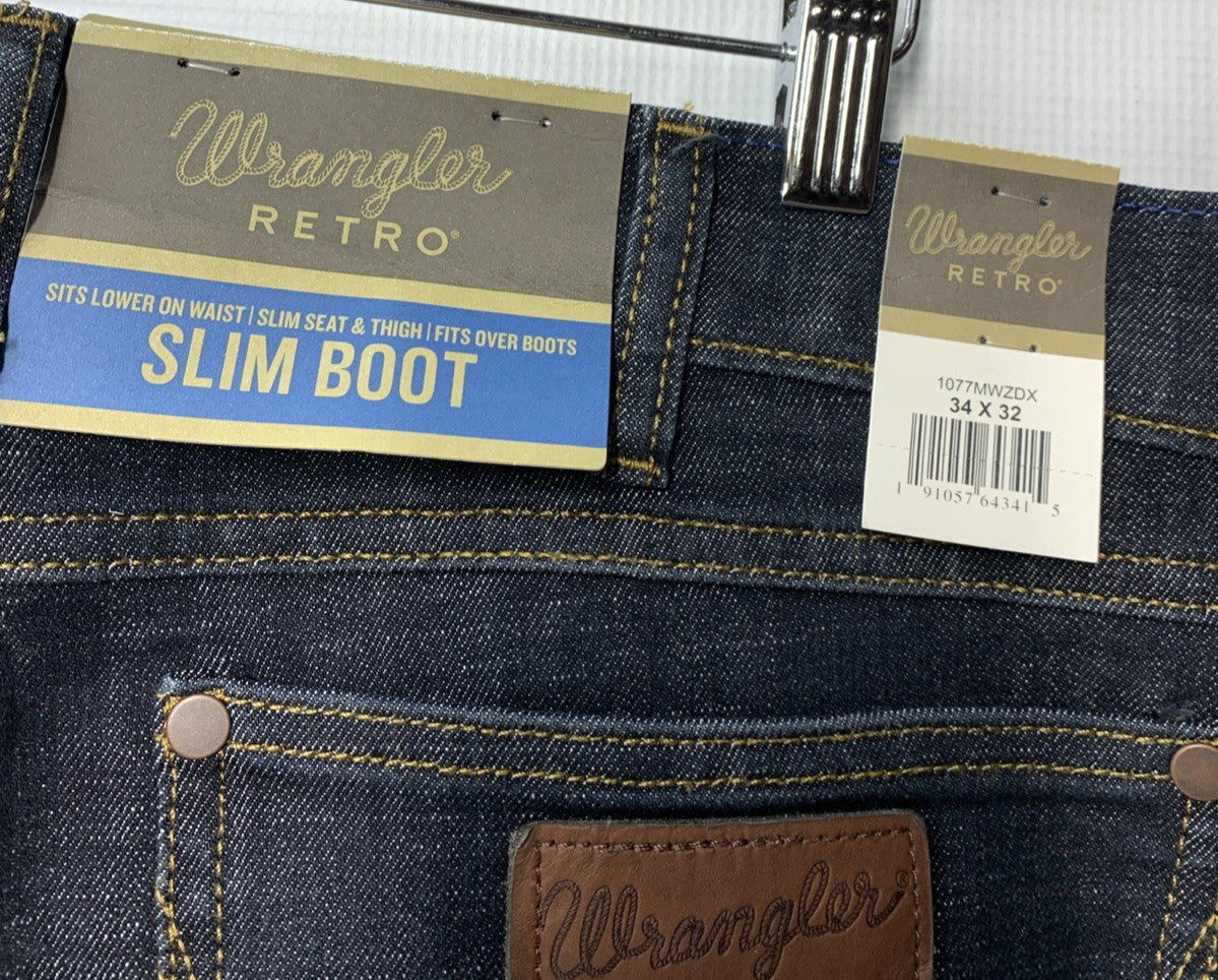 Wrangler Retro Men's Dax Dark Wash Slim Bootcut Stretch Denim Jeans Size 34x32