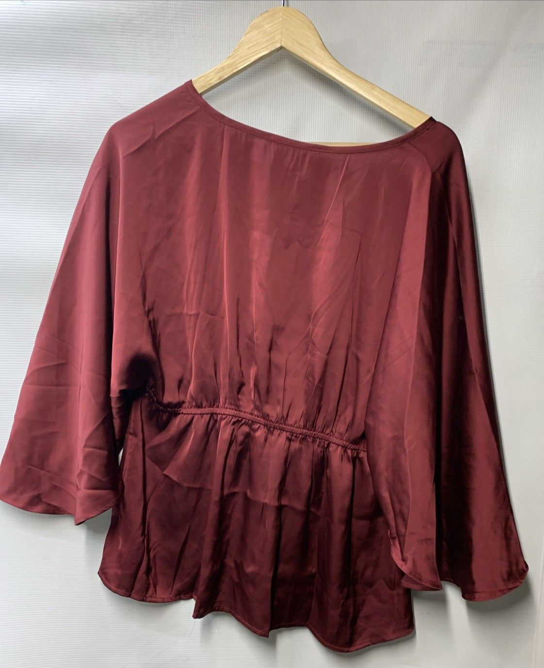 GRACE KARIN 3/4 Ruffled Sleeve Work Elegant Satin Silk Blouse Size Large Red