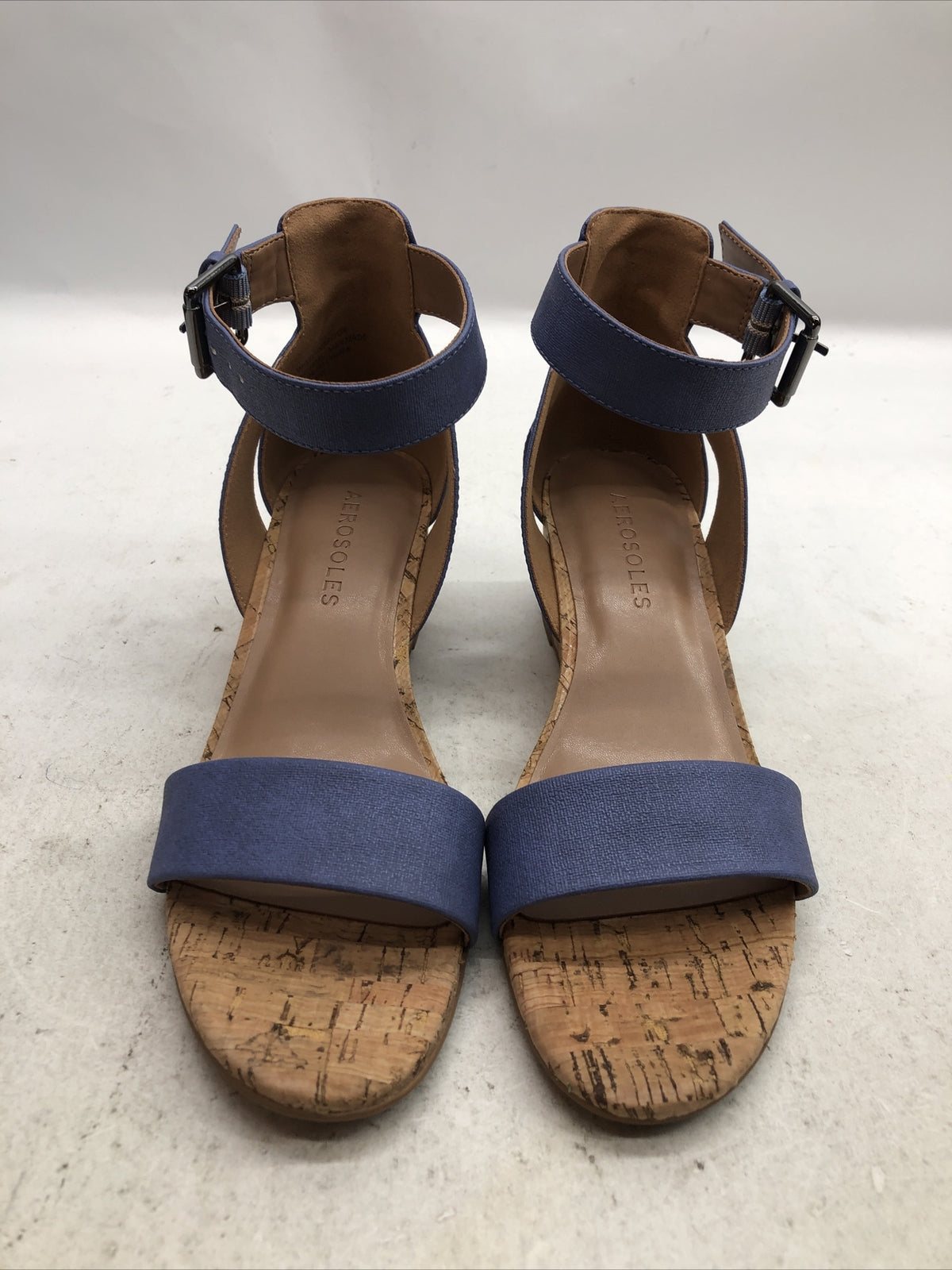 Women's Aerosoles Willowbrook Ankle Strap Wedge Sandal Mid Blue Open Toe Size 6