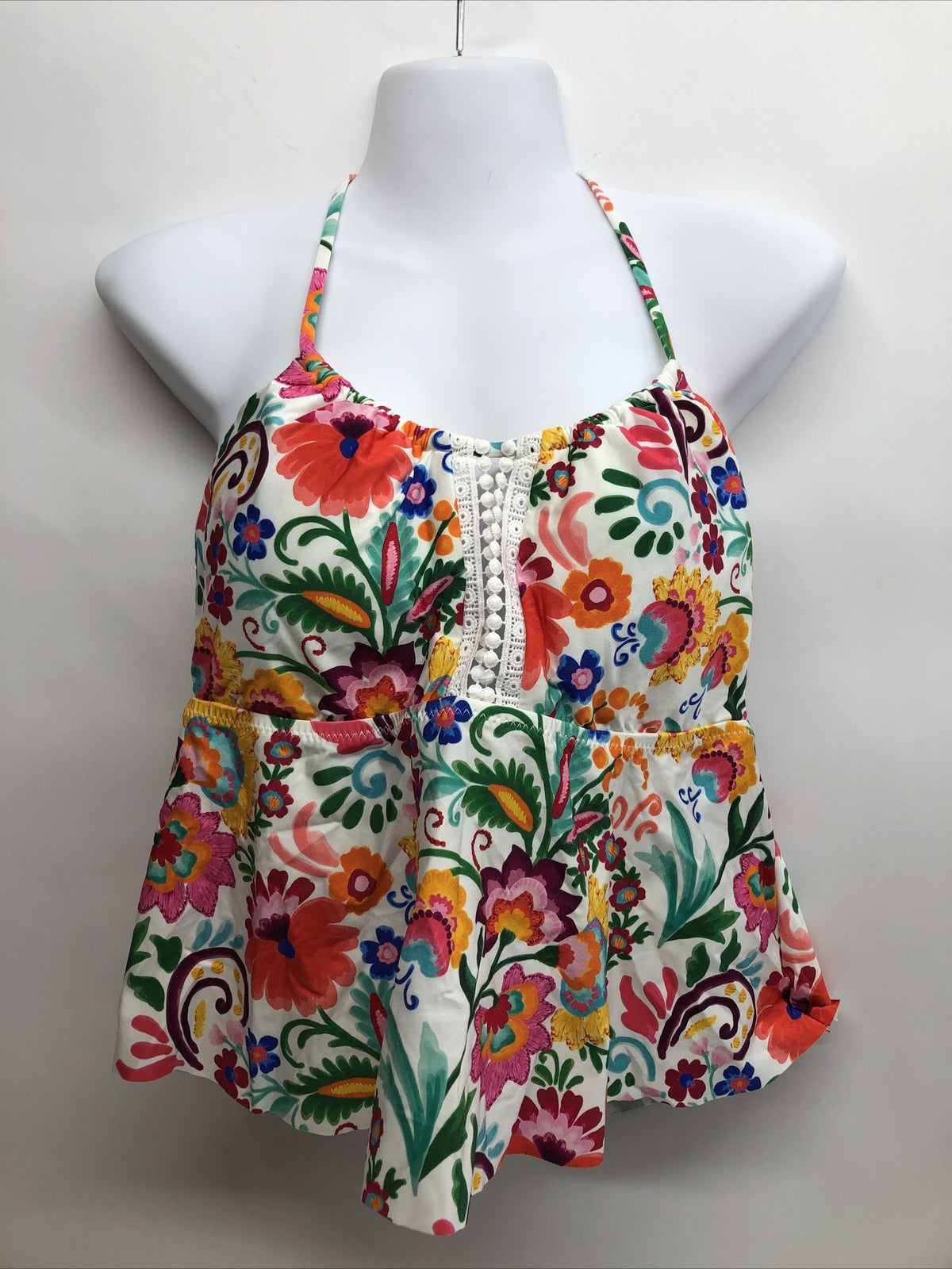 Sunshine 79 floral halter tankini top for women, size 14, padded swimwear, with bright floral pattern and supportive fit.