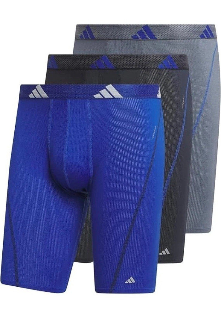 Men's Adidas 3-Pk Sport Performance Mesh Long-Leg Boxer Briefs M Blue/Gray/Black