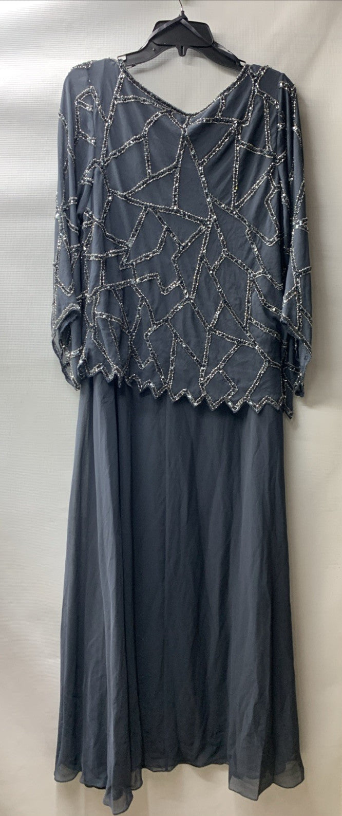J Kara Women's 3/4 Sleeve Geo Design Long Beaded Gown, Grey/Gun Size 14W Pull On