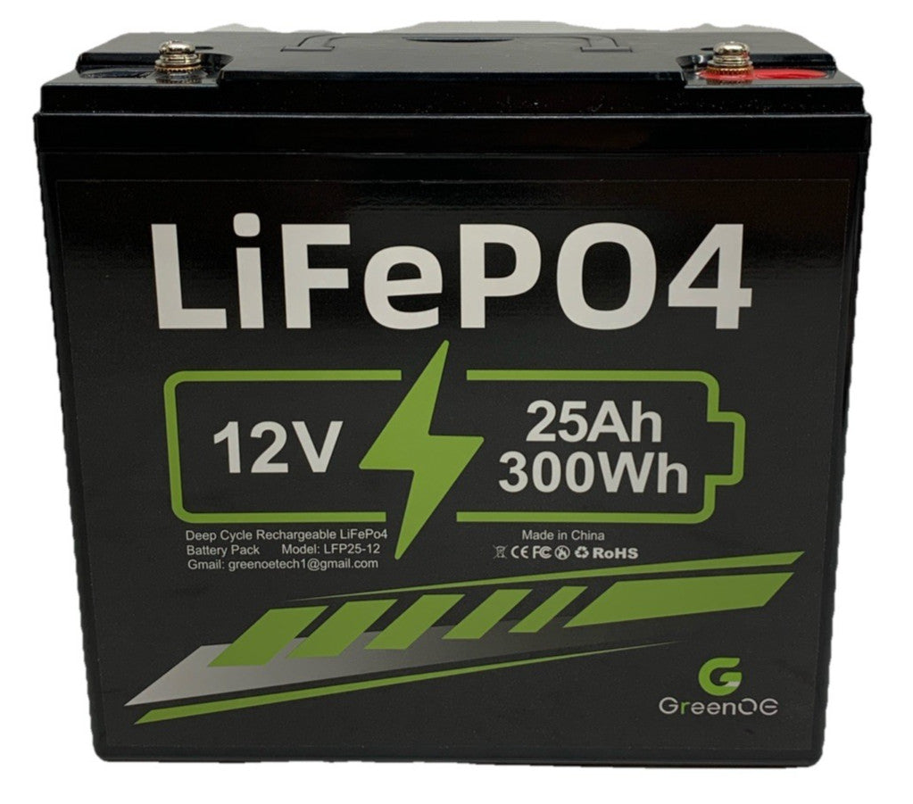 GreenOE LiFePO4 12V 25Ah 300Wh Battery Pack LFP25-12 Deep Cycle Rechargeable