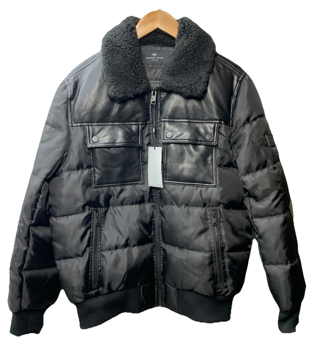 Andrew Marc Men's Jacket Long Sleeve Shearling Collar Full-zip Size S Black