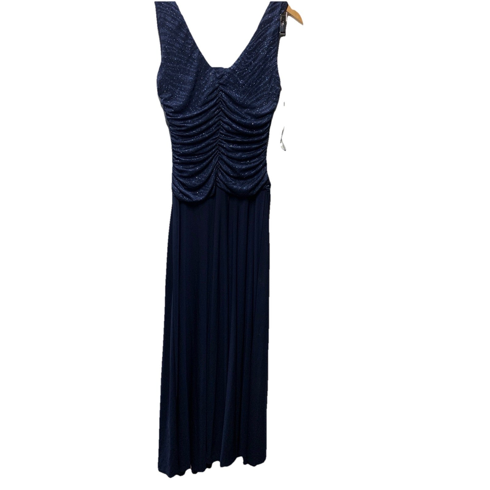 R&m Richards Women's Glitter Knit Chiffon Evening Gown Navy Blue 10 Sleeveless