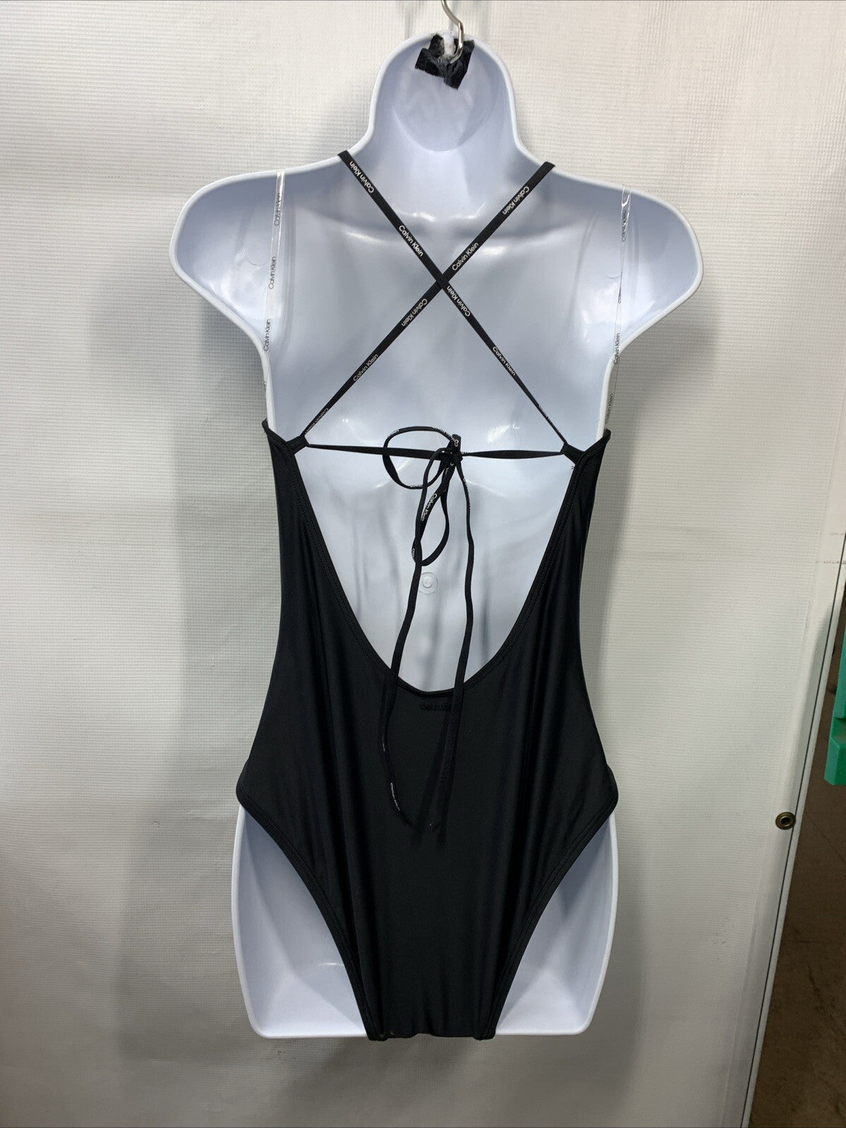Calvin Klein Women Tie Back Logo Straps One Piece Swimsuit Size L Swimwear Black