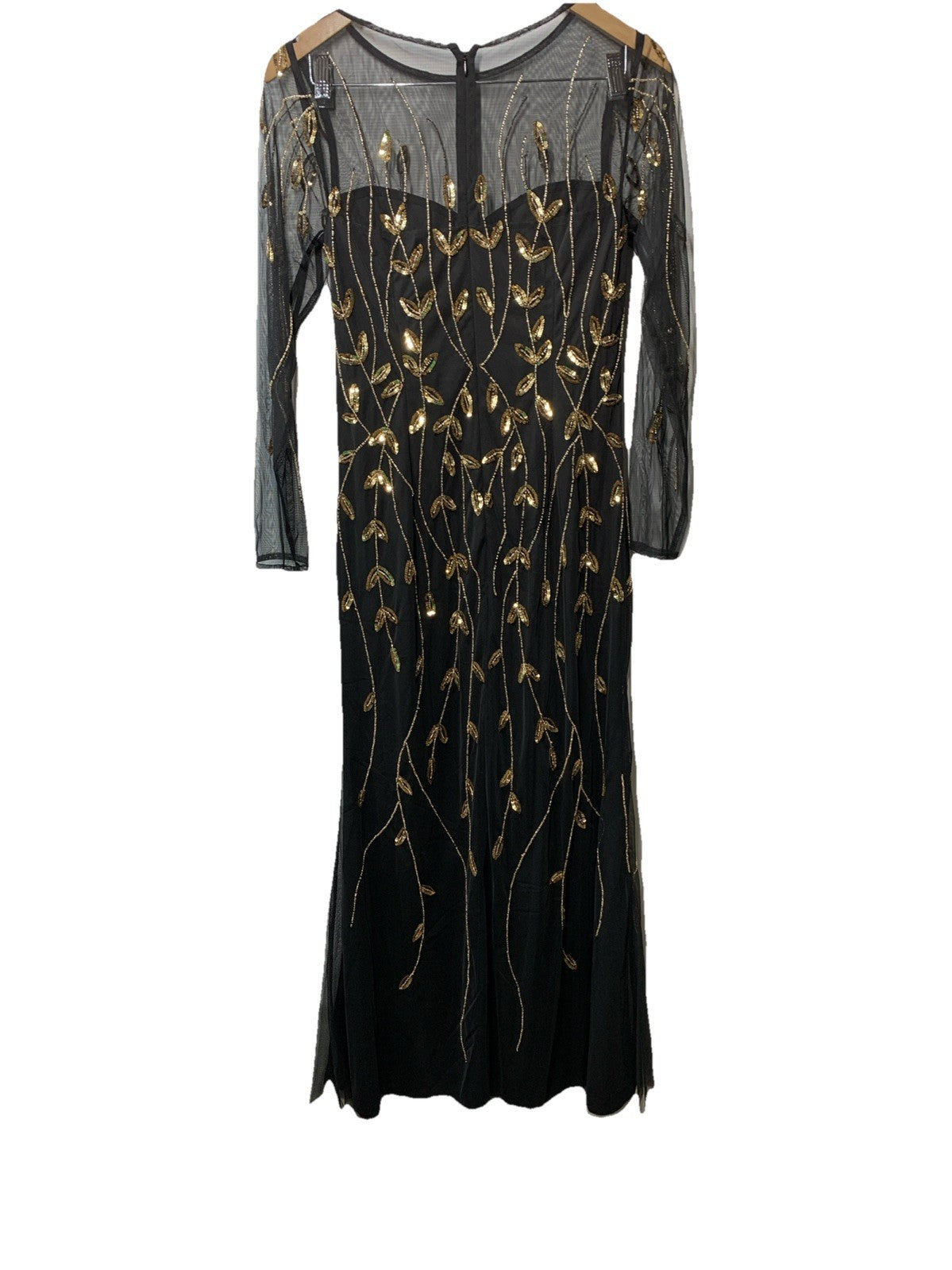 Papell Studio Black Gold Beaded Sequin Long-Sleeve Mesh Dress Cocktail Size 8