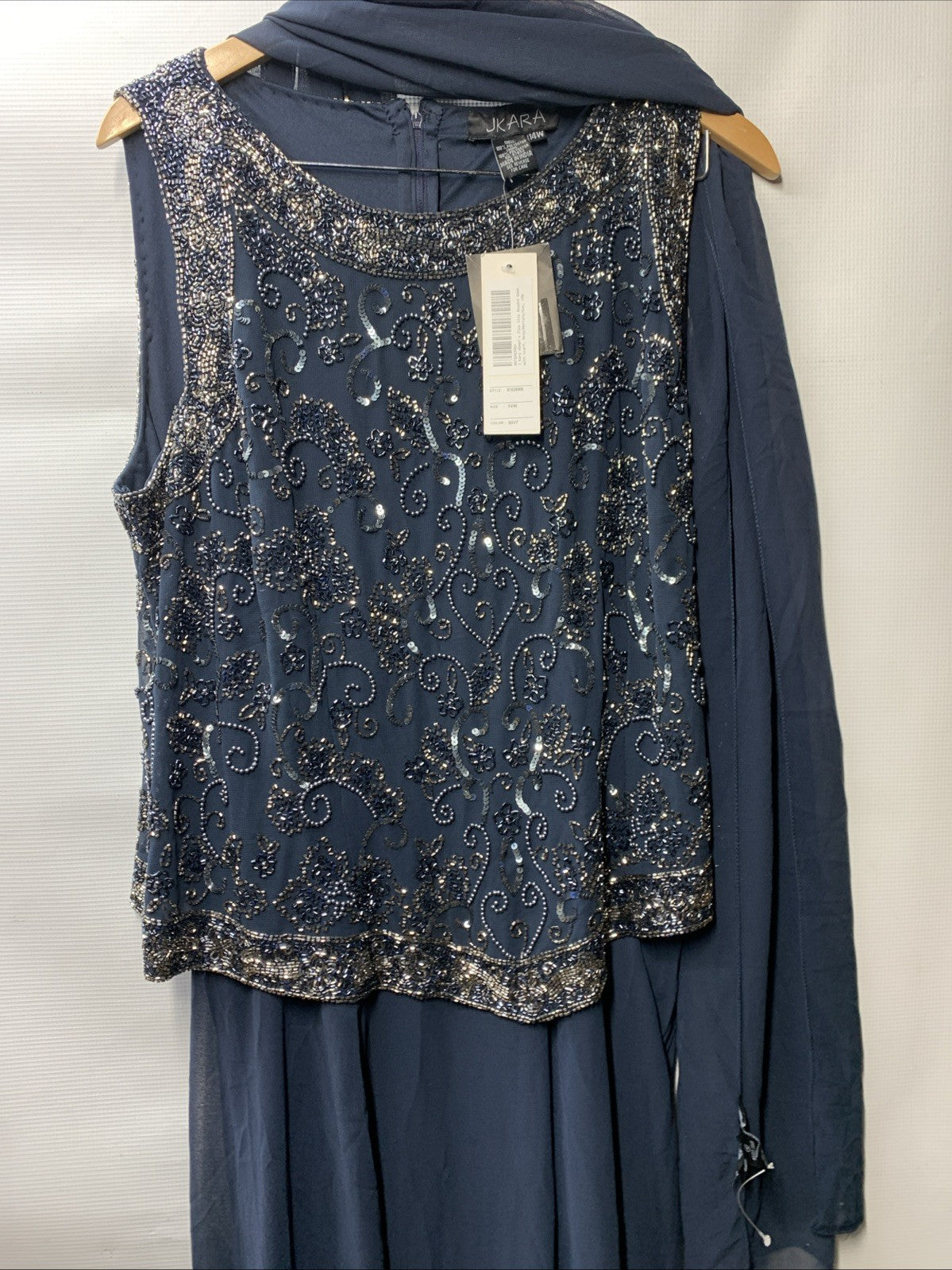 J Kara Women's  Embellished Top Mock 2 Piece Dress with Scarf Size 14w