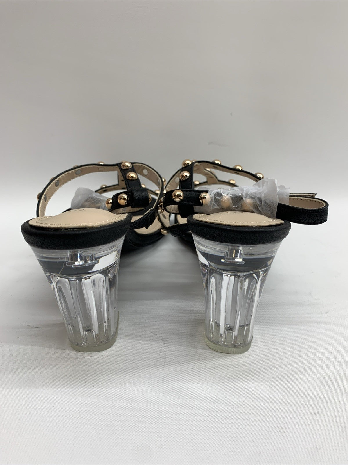Perphy Rivets Heel Slingback T-Strap Chunky Clear Heels Studded Sandal 7 Black