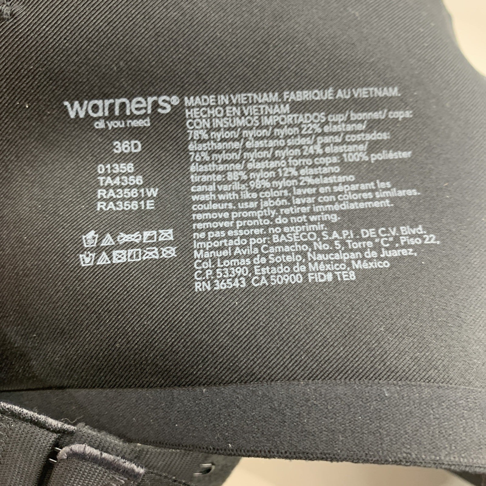 Warner's Black Women's Full Coverage Underwire Bra Size 36D Black Lightly Lined