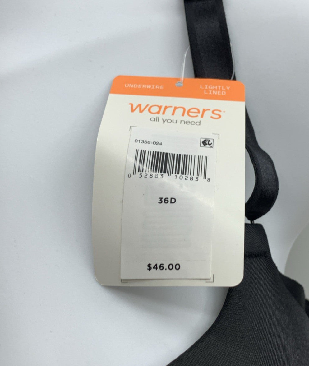 Warner's Black Women's Full Coverage Underwire Bra Size 36D Black Lightly Lined