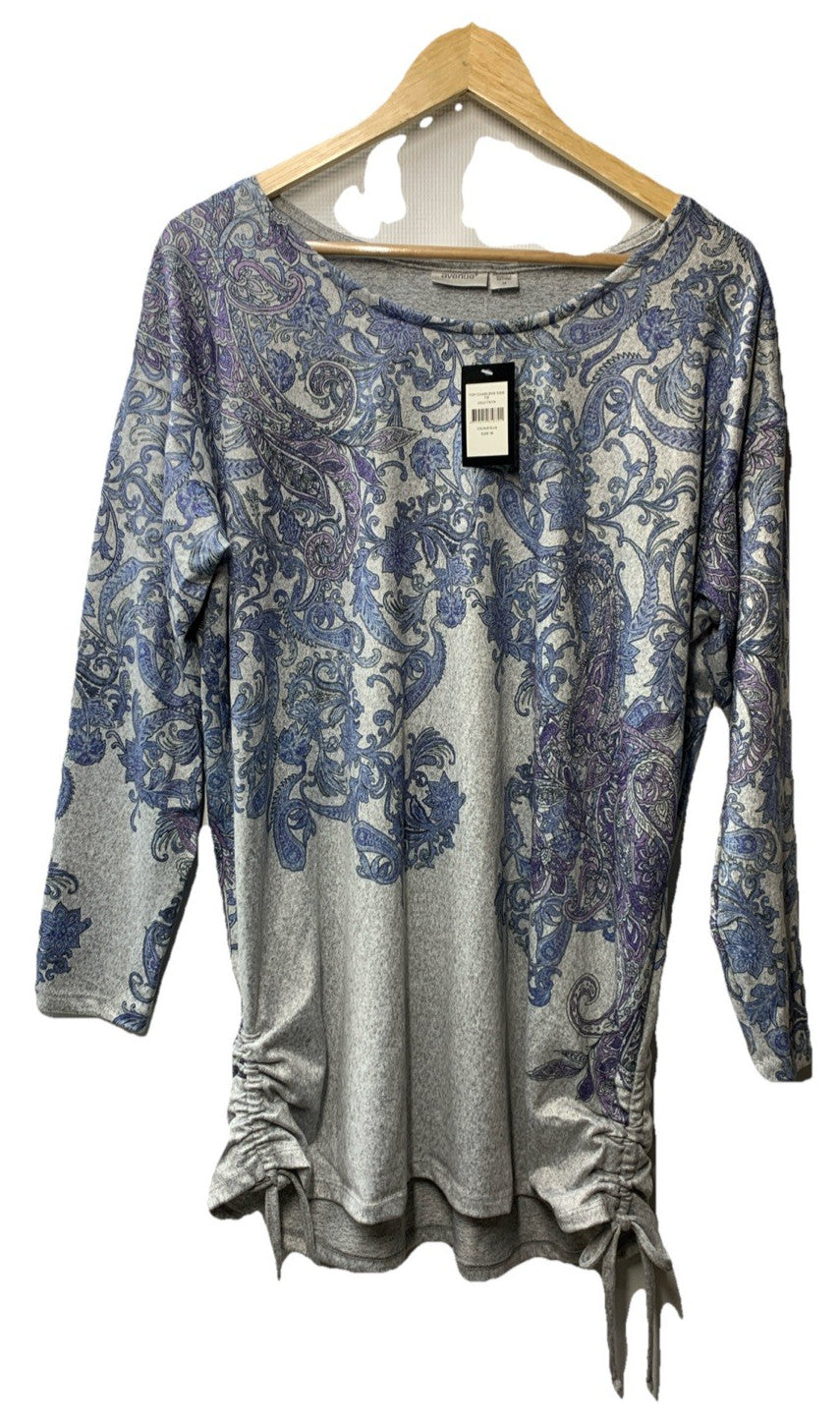 Avenue Women's Plus Size Charlene Side Tie Top Size 16 Gray & Blue Long Sleeve