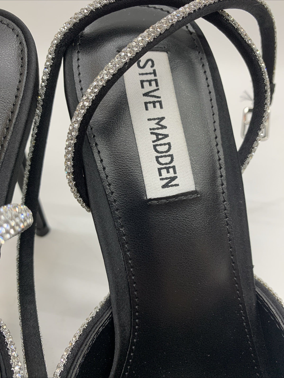 Steve Madden Viable High Stiletto Embellished Ankle Strap Size 10 Satin Black