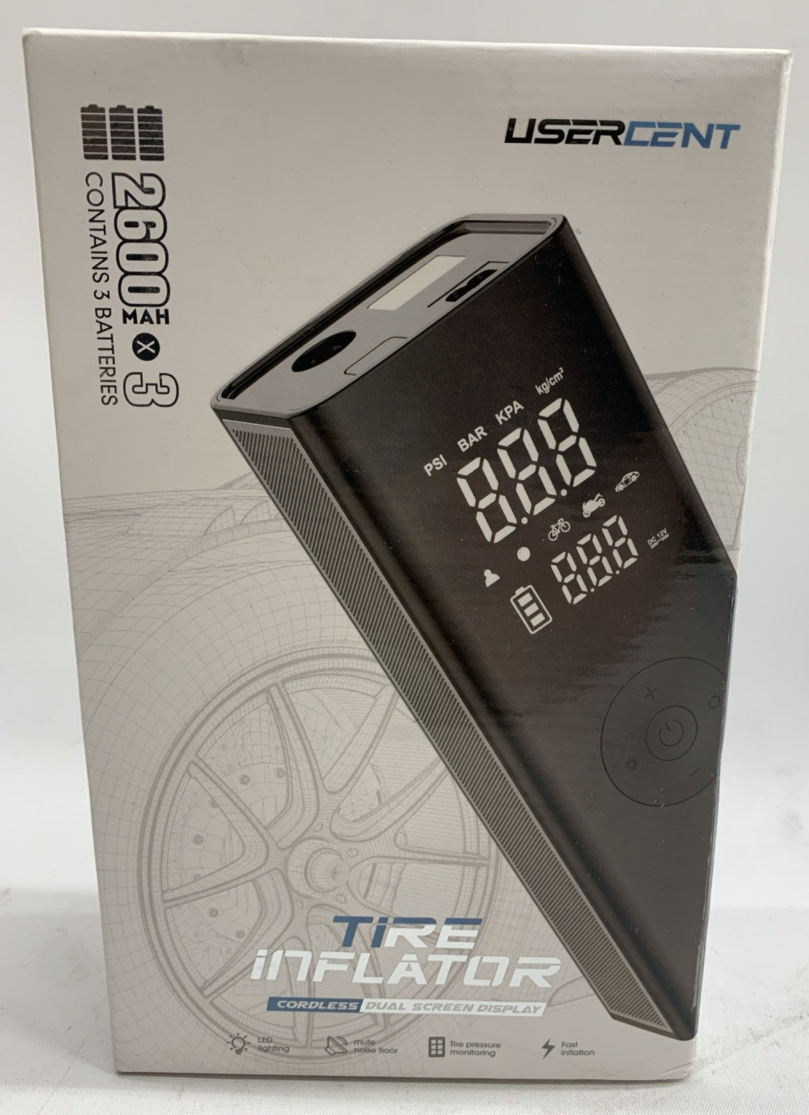 Tire Inflator Cordless Dual Screen Display 2600x3 Fast Inflation 12V 120W 150PSI