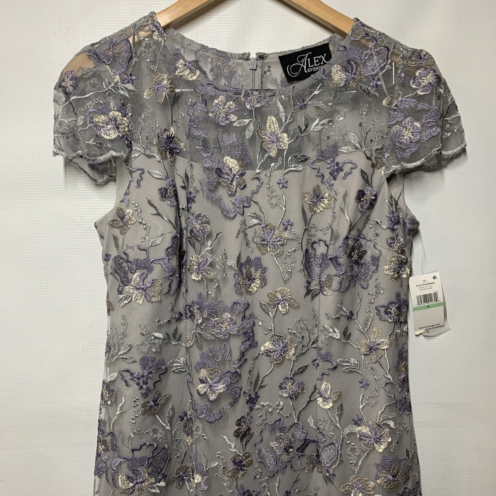 ALEX EVENINGS Dove Embroidered Lace Sheath Cocktail Wedding Guest Dress Size 8