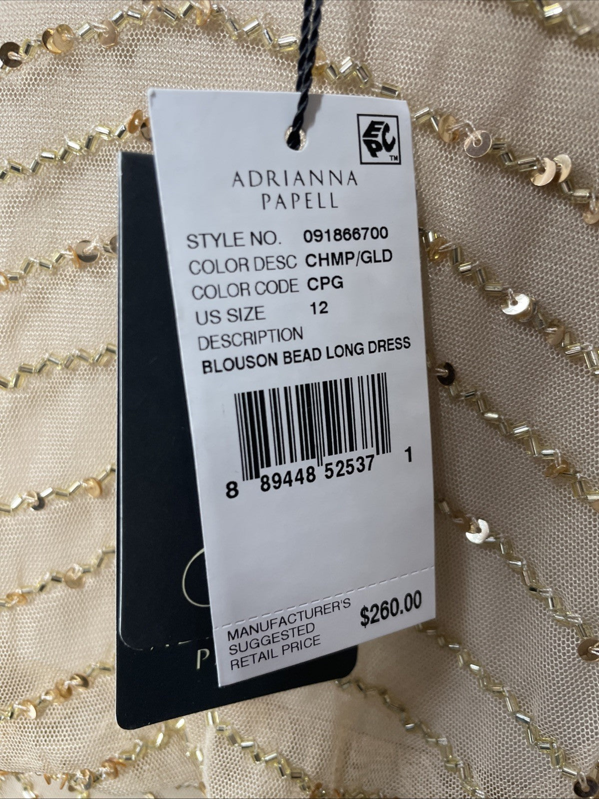 Adrianna Papell Women's Long Beaded Blouson Gown Size 12 Champ/Gold V-Neckline