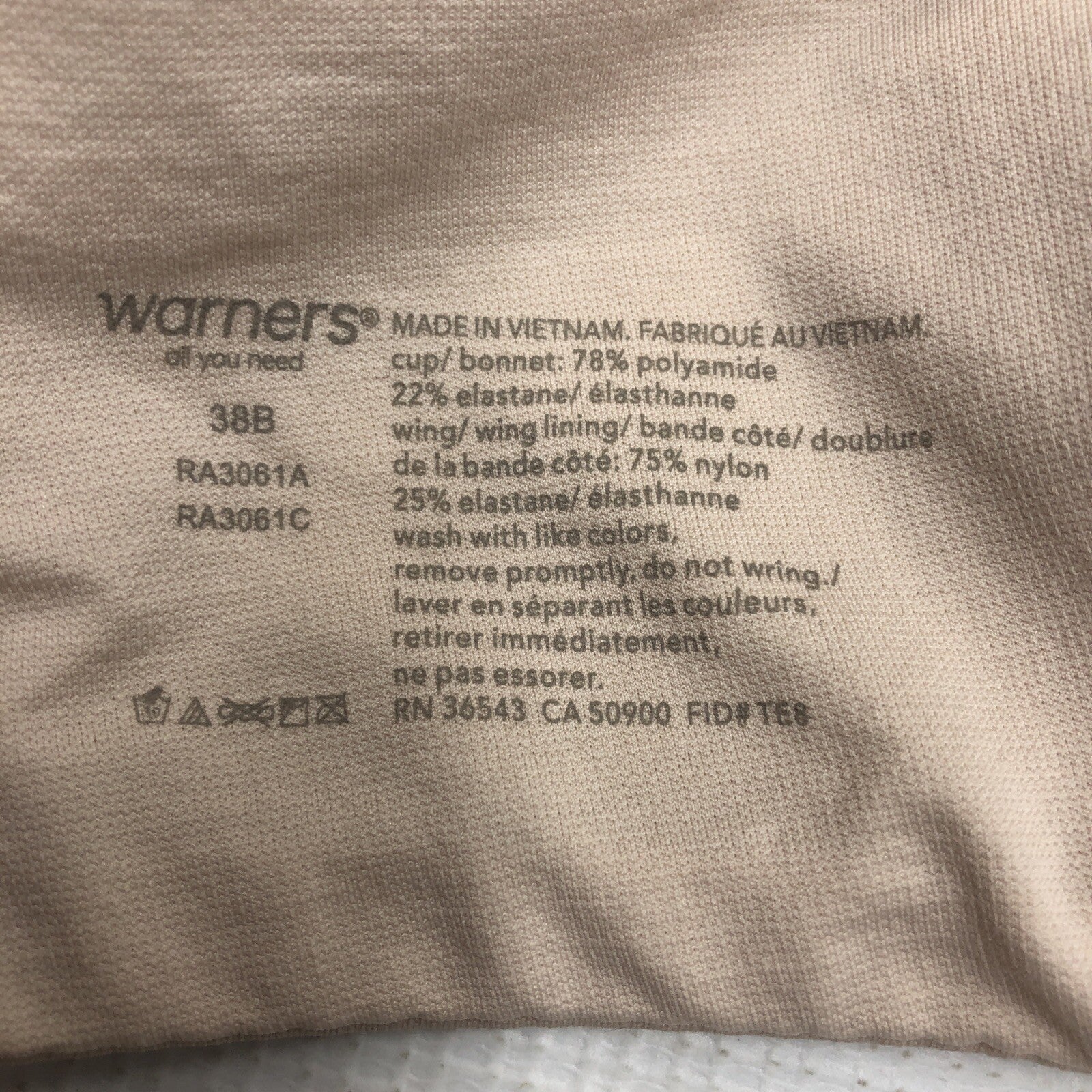 Warner's RA3061A No Side Effects Underwire Lightly Lined Bra Size 38B Opaque