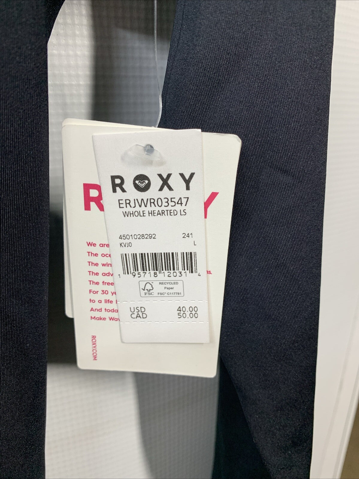 Roxy Whole Hearted LS Rash Guard Shirt Anthracite Black L Long Sleeve UPF 50+