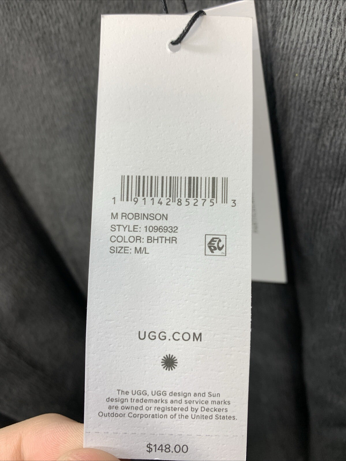 UGG Men's Robinson Robe Black Heather Grey Lined 1096932 Size M/L Long Sleeve