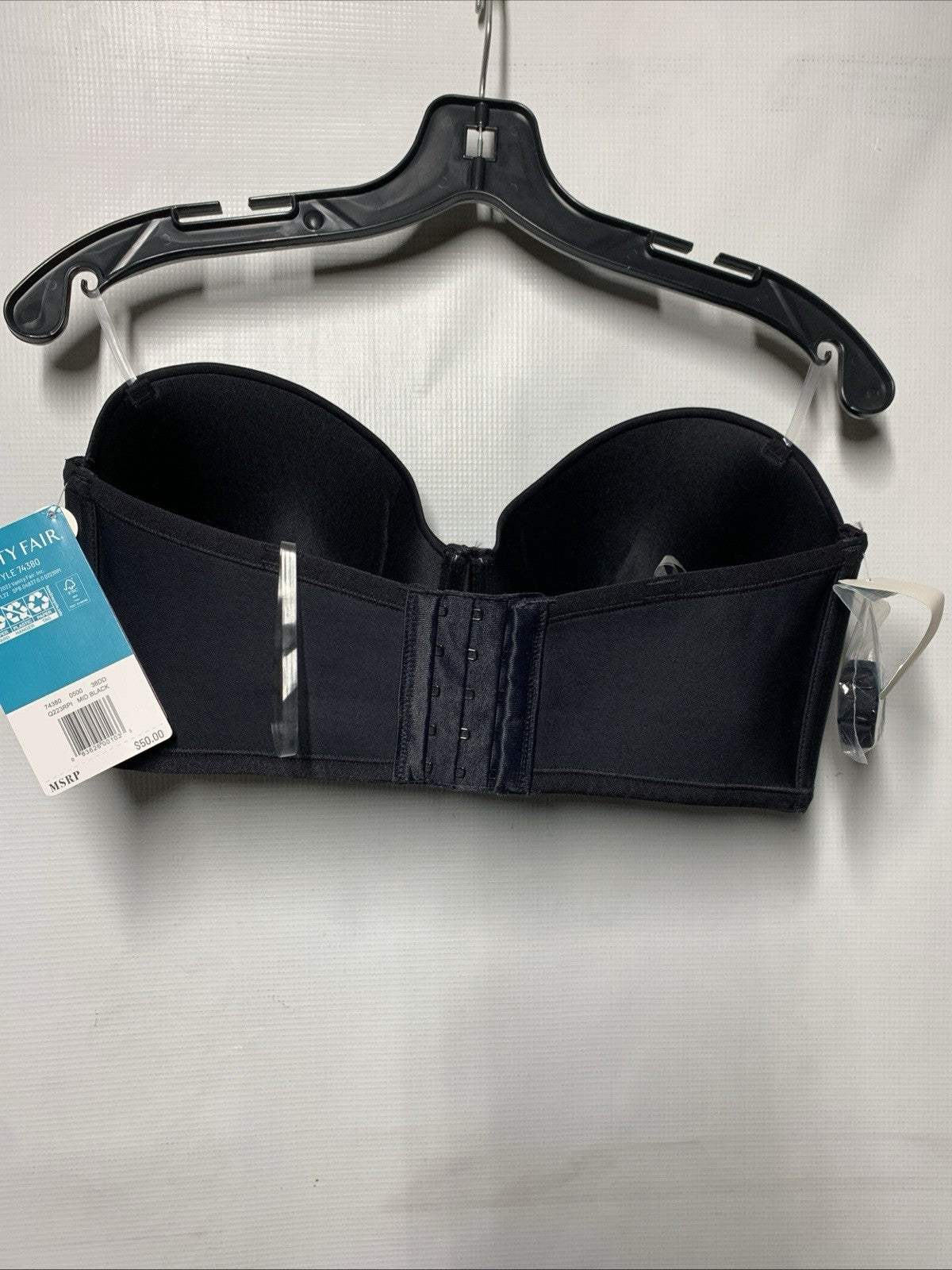 Vanity Fair women's back strapless full-figure underwire bra in size 38DD, black with smooth cups and supportive design.
