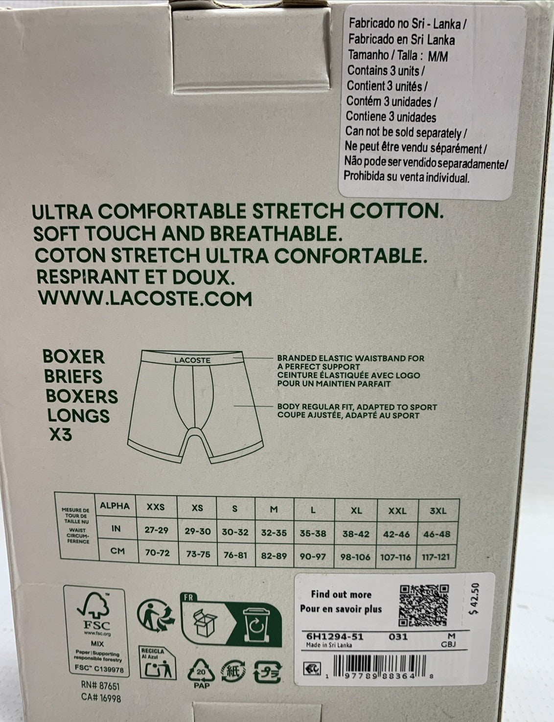Lacoste Cotton Stretch Boxer Brief Underwear Soft Touch Breathable Size M 3 PACK