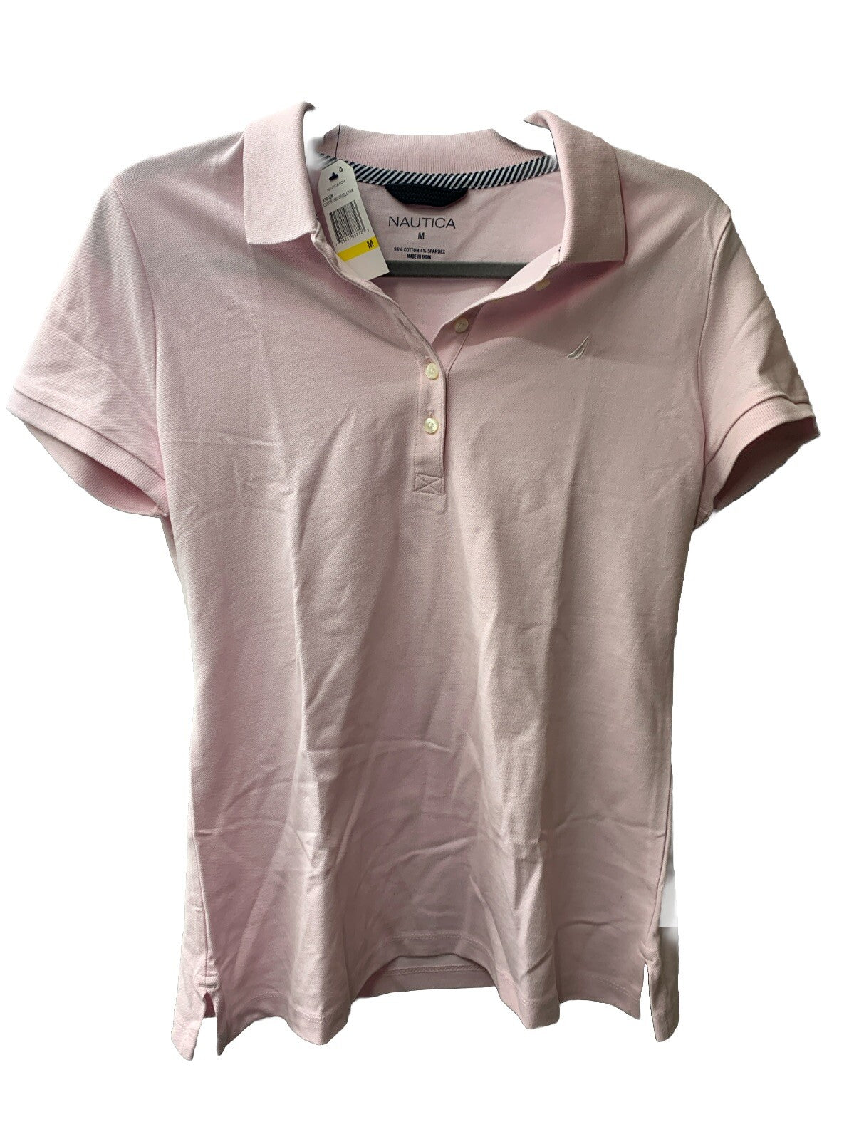 Nautica women's pink cotton polo shirt with 5 buttons, short sleeves, size M, featuring a casual, comfortable fit.