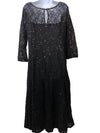 Women's tea length sequin lace dress with three-quarter sleeves by The Family Flips, size 14, stylish and elegant for special occasions.