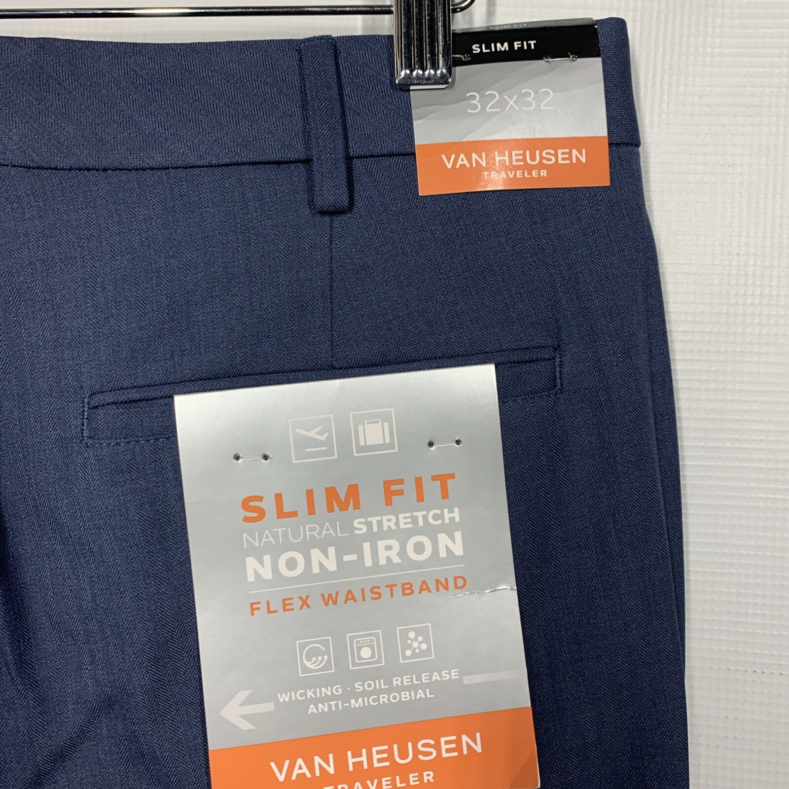 Van Heusen Flex Slim Dress Chino Long Pants Mens 32x32 Ash Navy Flex Waistband