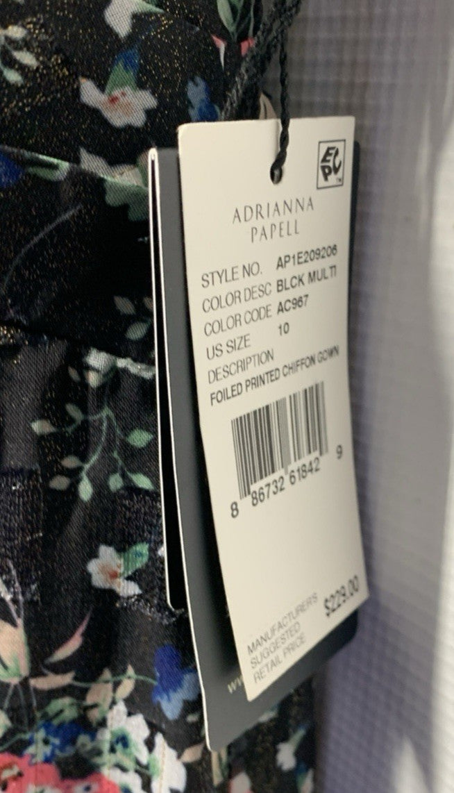 Adrianna Papell Gown Metallic Pleated Halter Floral Maxi Sleeveless Size 10