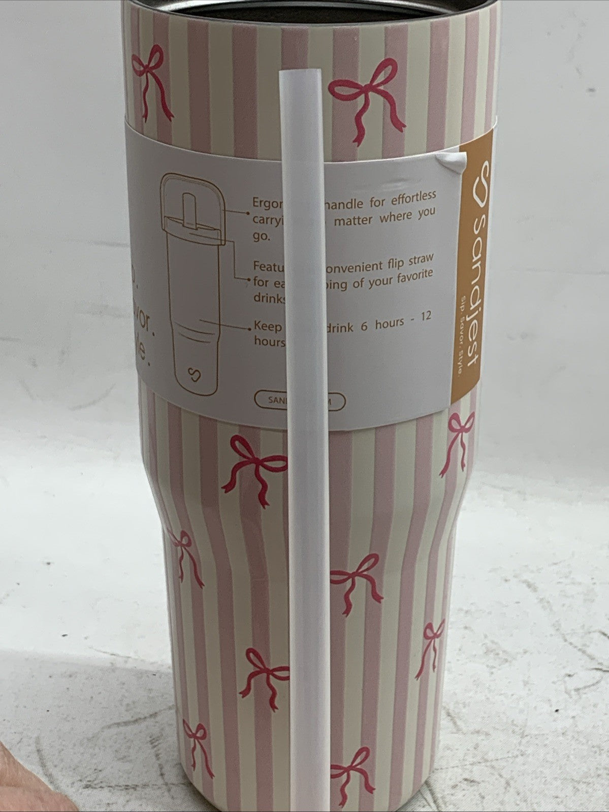 SANDJEST Bow Stainless Steel 30oz Beverage Water Tumbler w/Flip Straw & Handle