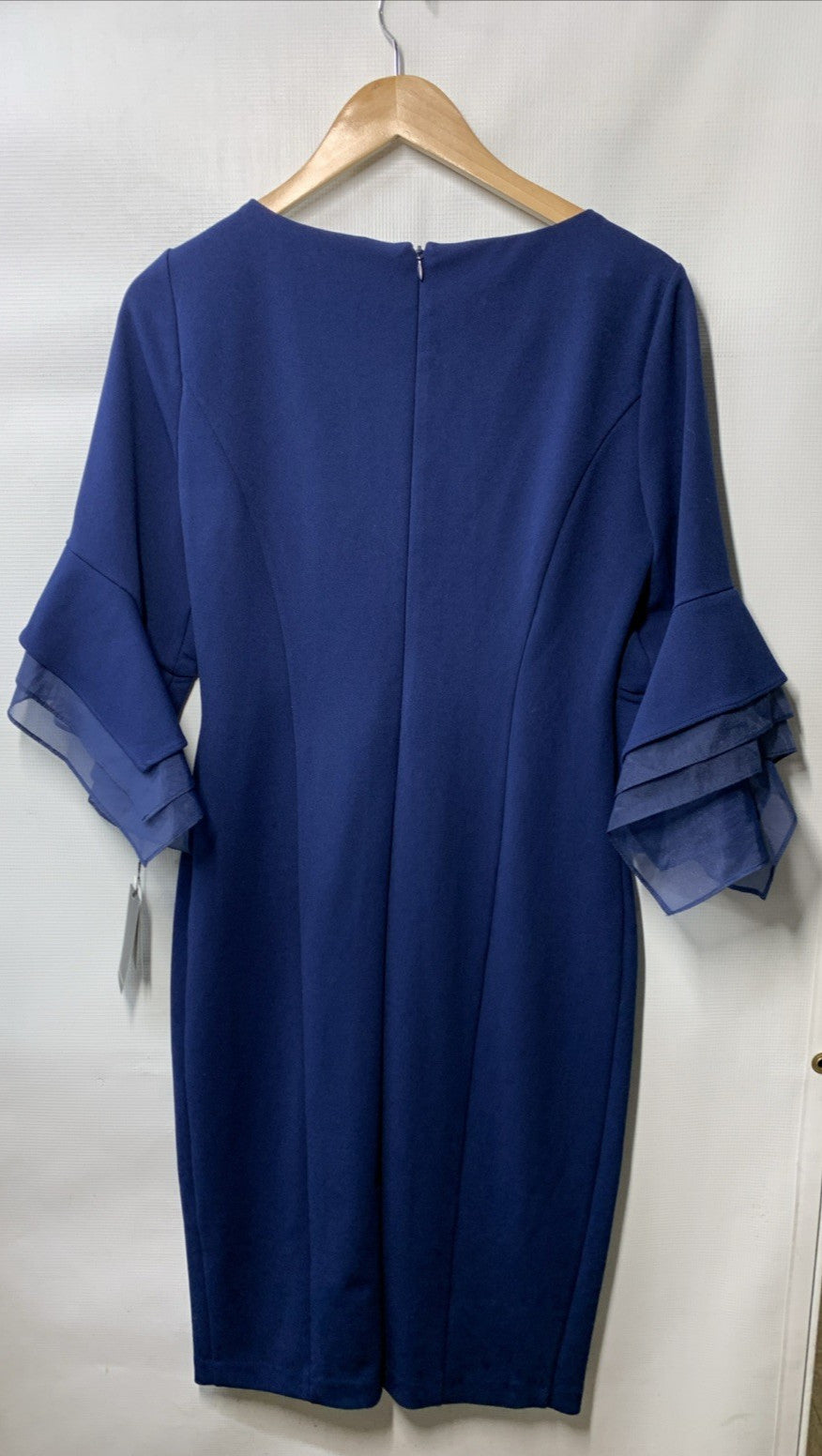 Adrianna Papell Tiered Sleeve Sheath Dress Women's Size 8 Navy Satin Knit Crepe