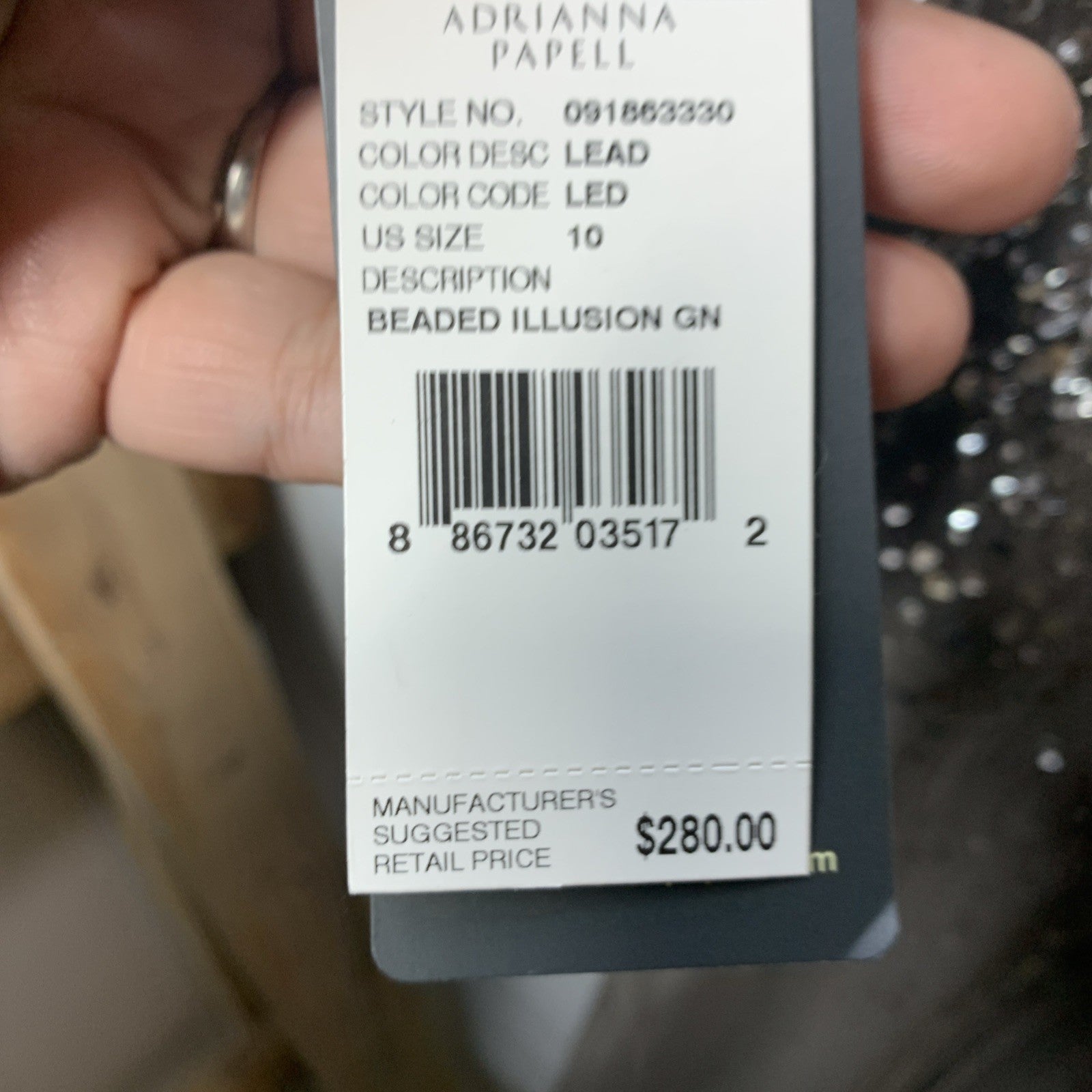 Adrianna Papell Women's Light Sliver Beaded Illusion Column Evening Gown Size 10